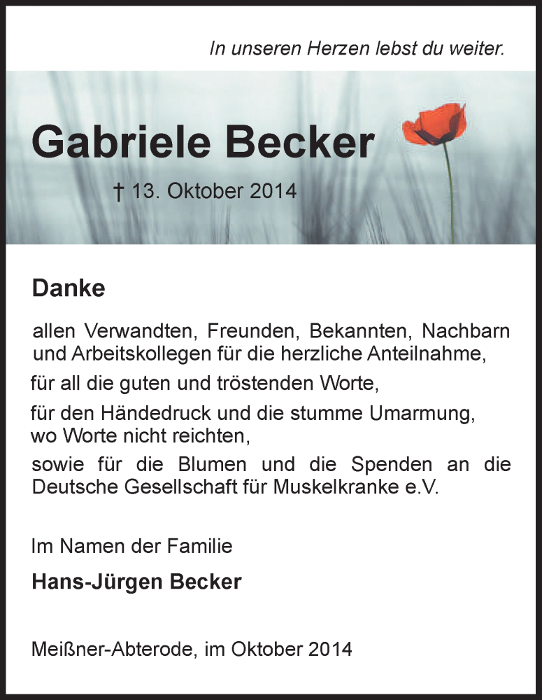  Traueranzeige für Gabriele Becker vom 31.10.2014 aus Eschwege