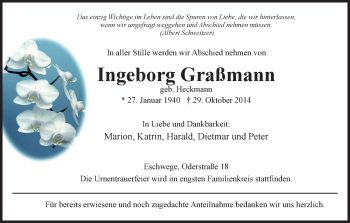 Traueranzeige von Ingeborg Graßmann von Eschwege