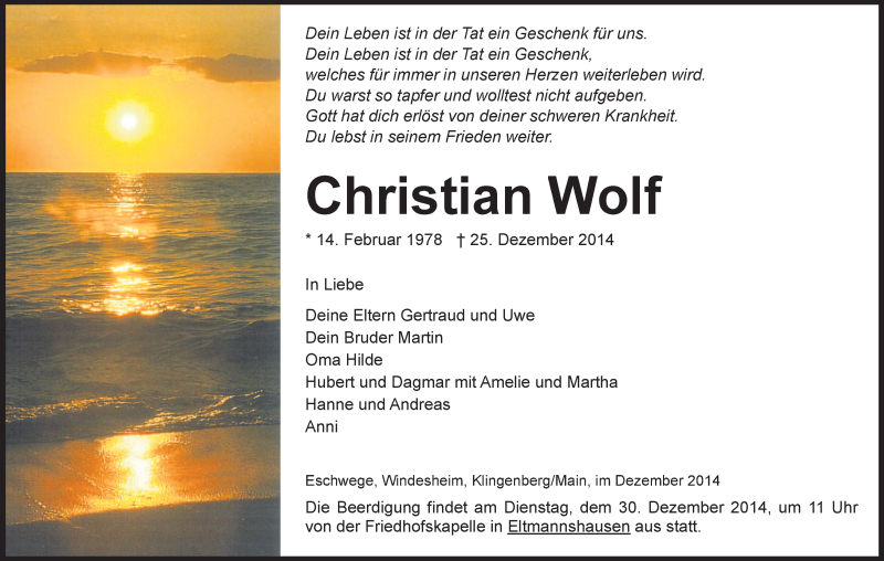  Traueranzeige für Christian Wolf vom 29.12.2014 aus Eschwege