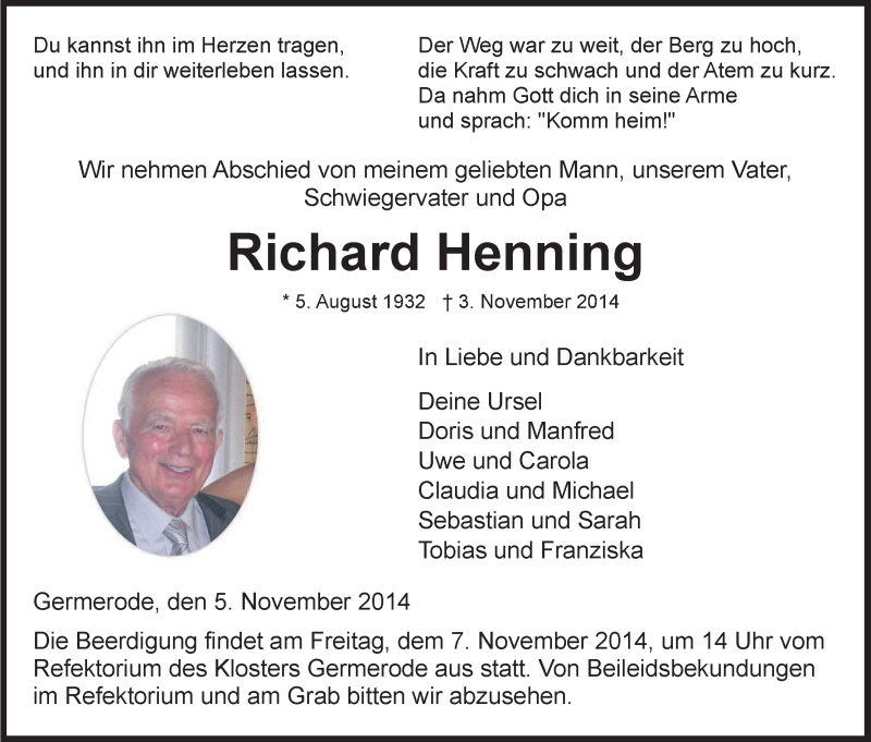  Traueranzeige für Richard Henning vom 05.11.2014 aus Eschwege