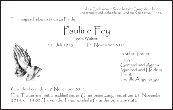 Traueranzeige von Pauline Fey von Eschwege