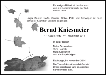 Traueranzeige von Bernd Kniesmeier von Werra Rundschau