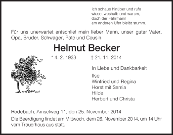 Traueranzeige von Helmut Becker von Eschwege