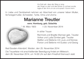 Traueranzeige von Marianne Treutler von Eschwege