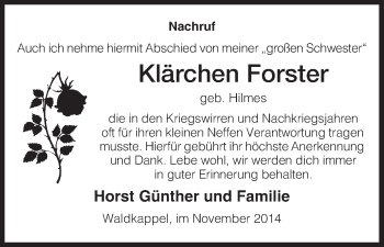 Traueranzeige von Klärchen Forster von Eschwege