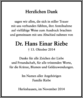 Traueranzeige von Hans Einar Riebe von Eschwege