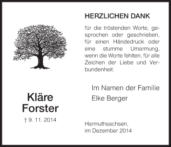 Traueranzeige von Kläre Forster von Eschwege