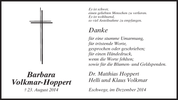 Traueranzeige von Barbara Volkmar-Hoppert von Eschwege