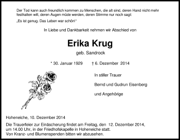 Traueranzeige von Erika Krug von Eschwege