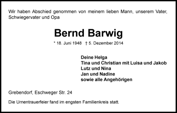 Traueranzeige von Bernd Barwig von Eschwege