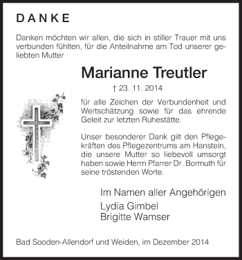 Traueranzeige von Marianne Treutler von Eschwege