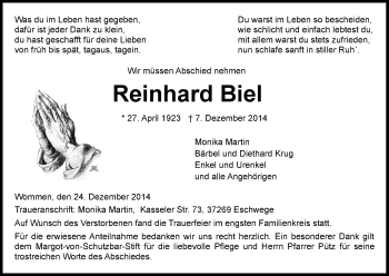 Traueranzeige von Reinhard Biel von Eschwege