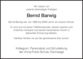 Traueranzeige von Bernd Barwig von Eschwege