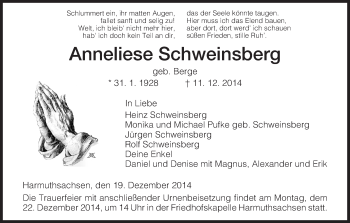 Traueranzeige von Anneliese Schweinsberg von Eschwege