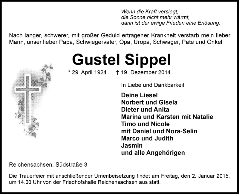  Traueranzeige für Gustel Sippel vom 30.12.2014 aus Eschwege
