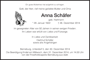 Traueranzeige von Anna Schäfer von Eschwege