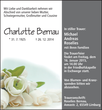 Traueranzeige von Charlotte Bernau von Eschwege