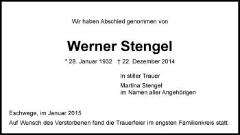 Traueranzeige von Werner Stengel von Eschwege