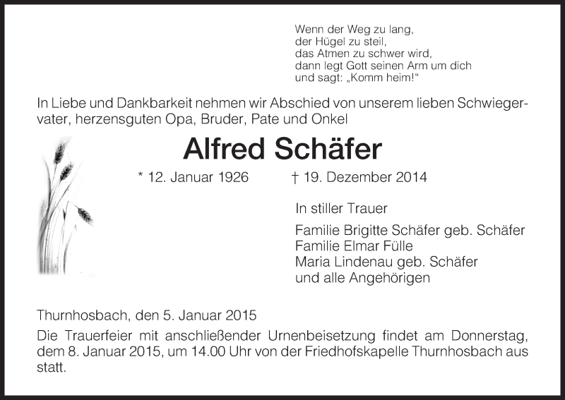  Traueranzeige für Alfred Schäfer vom 05.01.2015 aus Eschwege