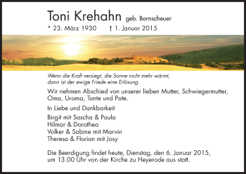 Traueranzeige von Toni Krehahn von Eschwege