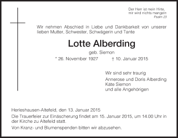 Traueranzeige von Lotte Alberding von Eschwege