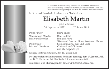 Traueranzeige von Elisabeth Martin von Eschwege