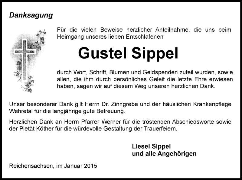  Traueranzeige für Gustel Sippel vom 16.01.2015 aus Eschwege