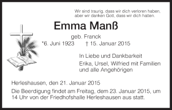 Traueranzeige von Emma Manß von Eschwege