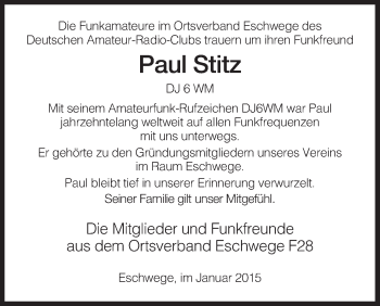 Traueranzeige von Paul Stitz von Eschwege