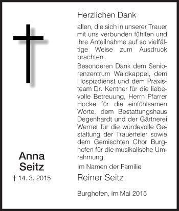 Traueranzeige von Anna Seitz von Eschwege