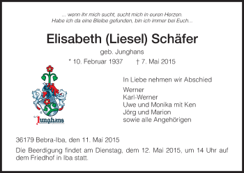 Traueranzeige von Elisabeth Schäfer von Eschwege