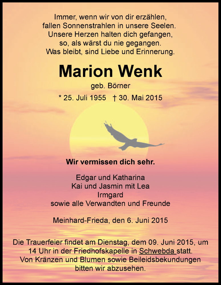  Traueranzeige für Marion Wenk vom 06.06.2015 aus Eschwege