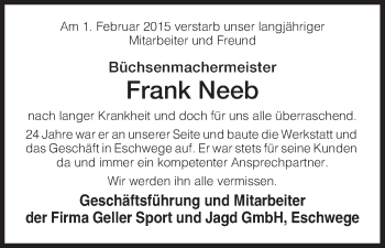 Traueranzeige von Frank Neeb von Eschwege