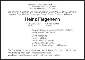 Traueranzeige von Heinz Fiegehenn von Eschwege