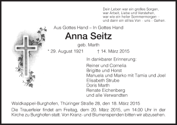 Traueranzeige von Anna Seitz von Eschwege