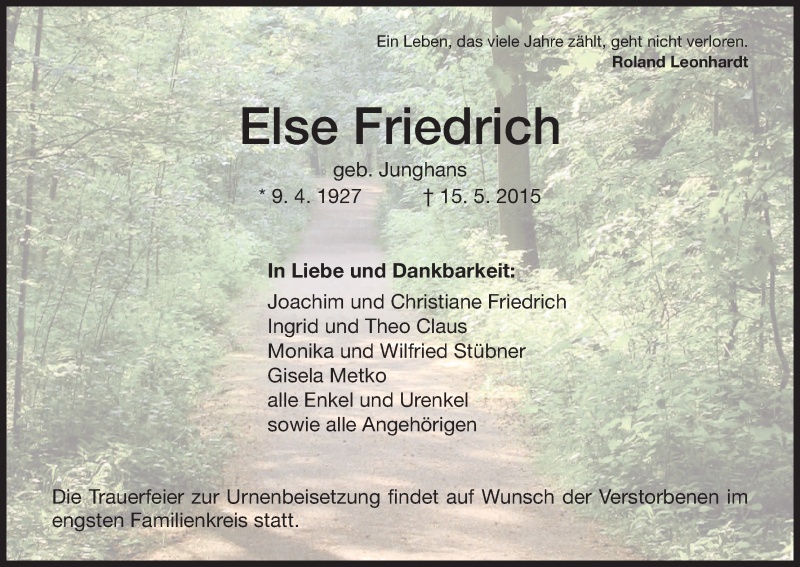  Traueranzeige für Else Friedrich vom 23.05.2015 aus Eschwege