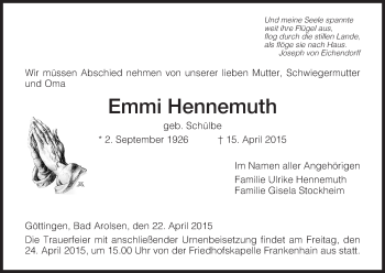 Traueranzeige von Emmi Hennemuth von Eschwege