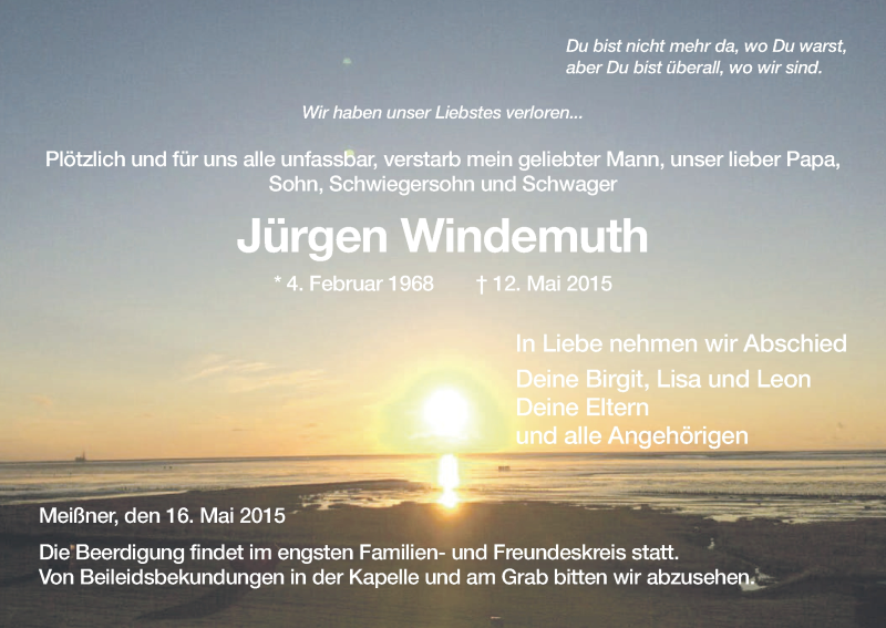  Traueranzeige für Jürgen Windemuth vom 16.05.2015 aus Eschwege