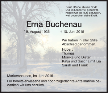Traueranzeige von Erna Buchenau von Eschwege