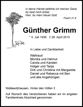Traueranzeige von Günther Grimm von Eschwege