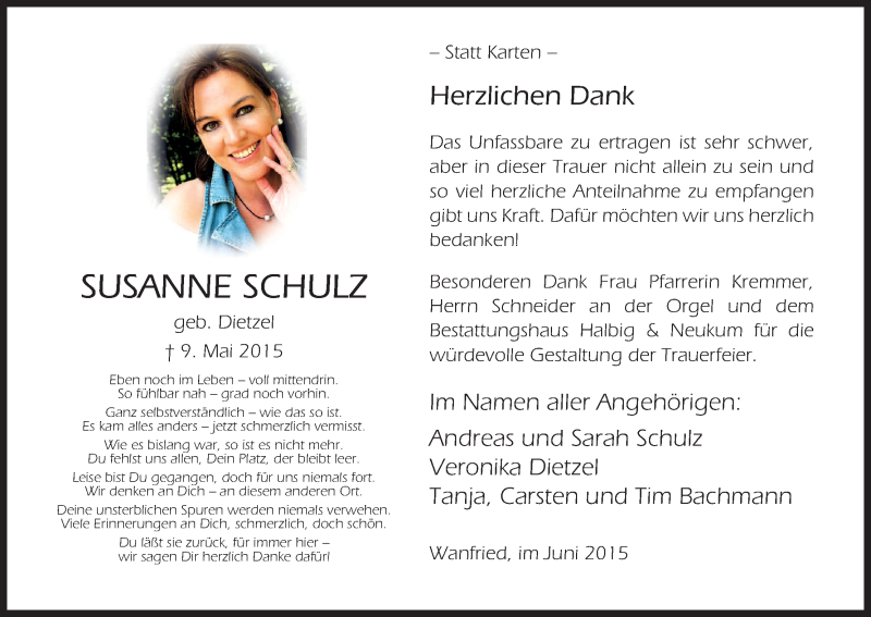  Traueranzeige für Susanne Schulz vom 06.06.2015 aus Eschwege