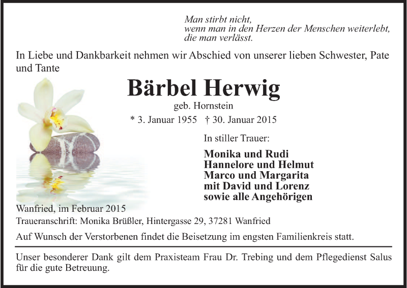  Traueranzeige für Bärbel Herwig vom 04.02.2015 aus Eschwege