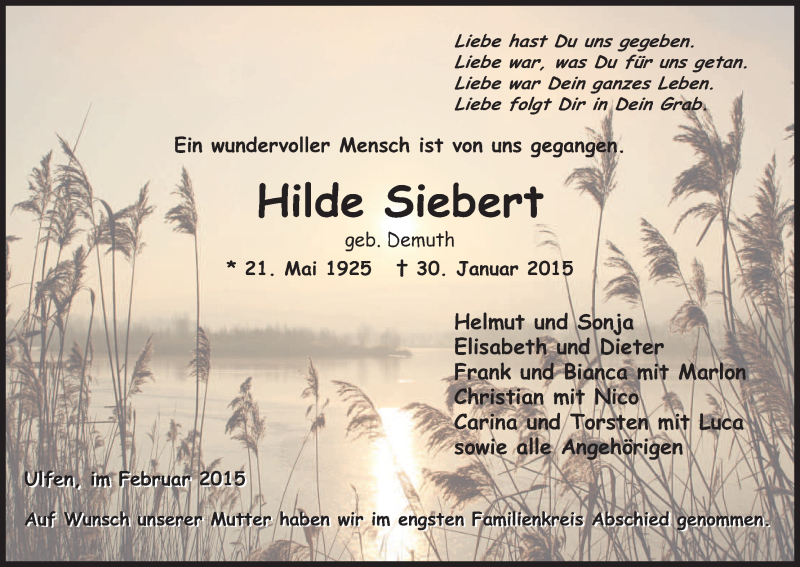  Traueranzeige für Hilde Siebert vom 07.02.2015 aus Eschwege