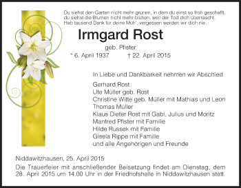 Traueranzeige von Irmgard Rost von Eschwege