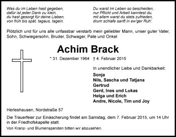 Traueranzeige von Achim Brack von Eschwege