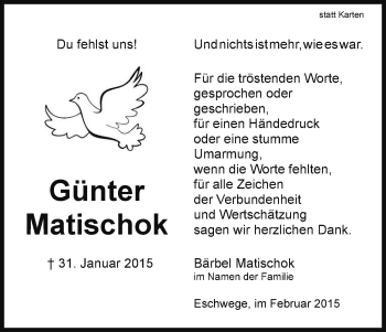 Traueranzeige von Günter Matischok von Eschwege