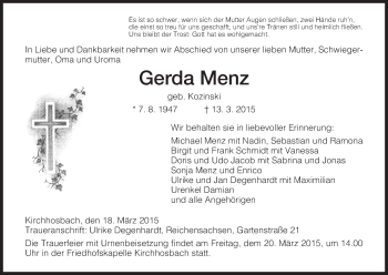 Traueranzeige von Gerda Menz von Eschwege