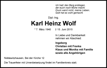 Traueranzeige von Karl Heinz Wolf von Eschwege