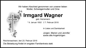 Traueranzeige von Irmgard Wagner von Eschwege