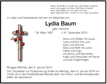 Traueranzeige von Lydia Baum von Werra Rundschau